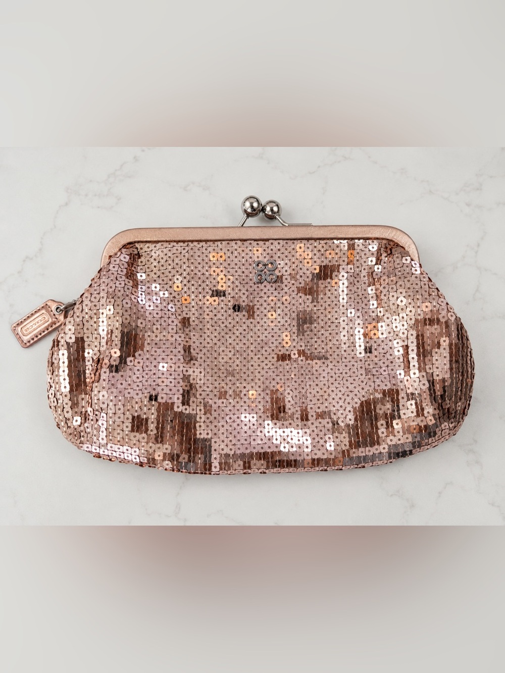 Coach Limited Edition Julia Evening Bag Rose Gold Sequin Kisslock Clutch Style